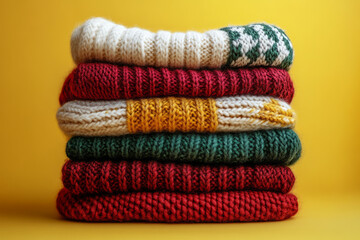 A stack of cozy woolen scarves and knitted mittens in red, green, and white, set against a pastel yellow background,