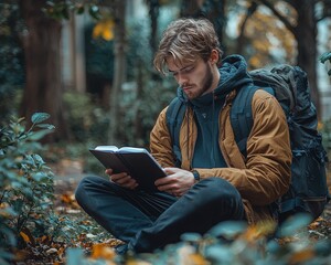 Serene Outdoor Study Session: Student Engrossed in Exam Preparation Surrounded by Nature's Calm