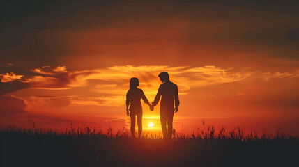Fototapeta premium Silhouetted paper couple holding hands at sunset, love theme