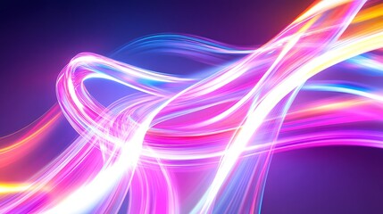 Naklejka premium Neon Light Trails: Bright neon light trails curving and weaving through the frame, creating abstract shapes on a white background. 