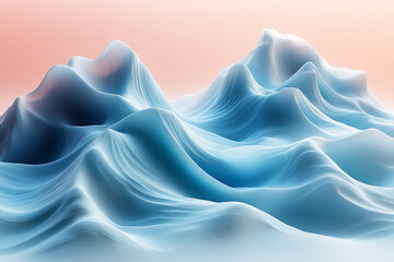 Obraz premium An abstract seascape with flowing waves in pastel teal and white, intersected by geometric lines in shades of blue, isolated on a pastel pink background,