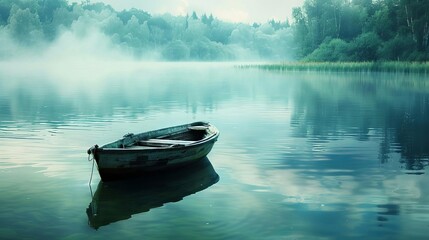 tranquil boat floating on serene lake peaceful nature landscape photograph