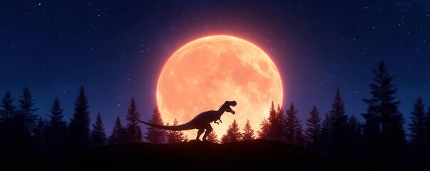 Fototapeta premium Silhouette of a dinosaur against a backdrop of a large, orange moon and a starry night.