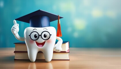 歯科大学を卒業している歯のキャラクターとコピースペース（Tooth character graduating from dental school and copy space.）
