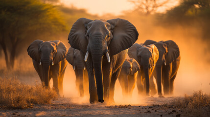 Majestic Elephant Herd at Sunset in the African Savanna