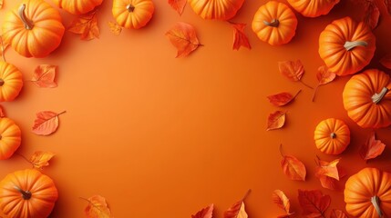 Fototapeta premium Halloween pumpkins and leaves on orange background with copy space. Top view. Halloween concept banner design template.