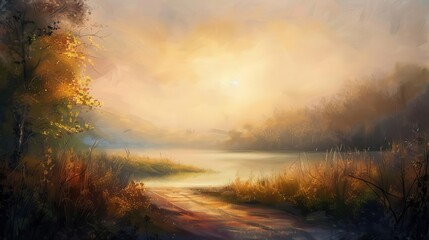 Fototapeta premium tranquil daybreak a serene landscape embraced by the soft glow of dawn oil painting style