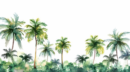 Tropical hand drawn forest seamless border. Watercolor repeating wallpaper design. Palm trees jungle scene. Hand painted background