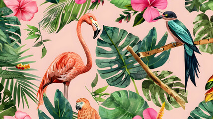 Naklejka premium Tropical watercolor birds hummingbird, monkey and jaguar, exotic jungle plants palm banana leaves flowers, flamingo pastel color seamless pattern fabric background