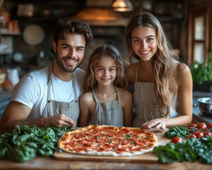 Happy Family Cooking Together: Making Homemade Pizza in Contemporary Kitchen