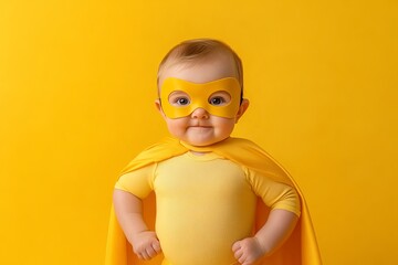 A baby wearing a yellow costume and a yellow mask