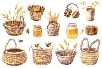 A collection of baskets and jars filled with honey and bees