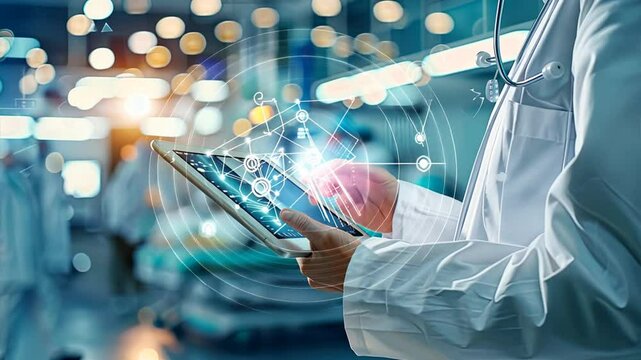 Medical Innovation at Your Fingertips: A doctor navigates a futuristic interface on a digital tablet, harnessing the power of technology in a modern hospital setting. This image evokes cutting-edge he