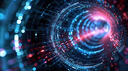 Obraz premium A vibrant digital tunnel with glowing data points, creating a futuristic and immersive visual experience in cyberspace.