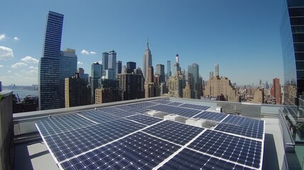 Wide-angle shot of white solar panels on a skyscraper rooftop, set against a bustling city skyline. -