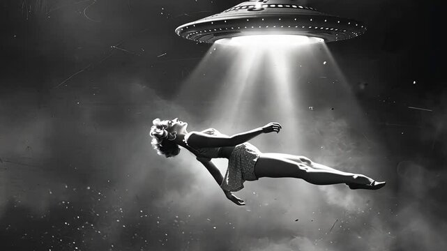 Vintage Black and White Scene of a Woman Being Abducted by a UFO With a Beam of Light