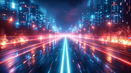 Fototapeta premium Bright neon night in a cyberpunk city. Photorealistic 3d illustration of the futuristic city. Empty street with blue neon lights