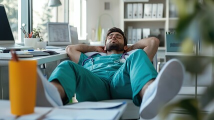 Obraz premium Exhausted Doctor Taking a Nap in Hospital Office Surrounded by Medical Notes and Book