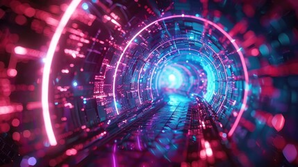 Fototapeta premium A vibrant digital tunnel illuminated with neon colors, creating a futuristic and immersive visual experience.