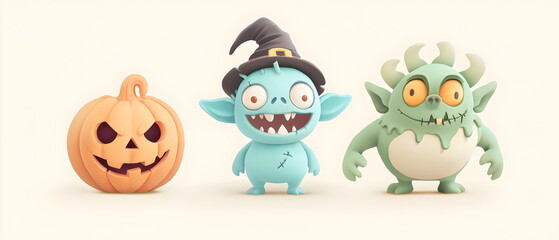 A vector set of 3 Halloween characters in 3d clay design, including a Zombie, a Goblin with the silly face, and an cute Ogre, adorable and festive, isolated on a clean background