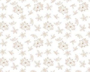 Delicate floral seamless pattern Christmas symbol elements contour line art style drawing gold branchs holly poinsettia hand drawn white background