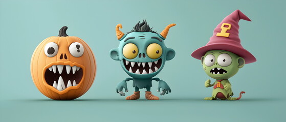 A vector set of 3 Halloween characters in 3d clay design, including a Zombie, a Goblin with the silly face, and an cute Ogre, adorable and festive, isolated on a clean background