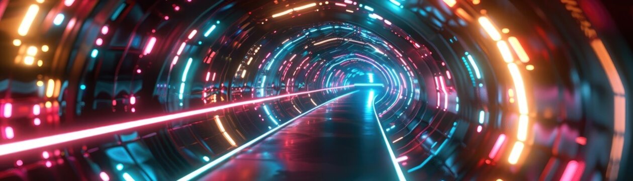 A vibrant, futuristic tunnel illuminated with neon lights in various colors, evoking a sense of speed and motion.