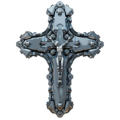 A futuristic cross sculpture combining technology and spirituality, showcasing intricate details and unique design.