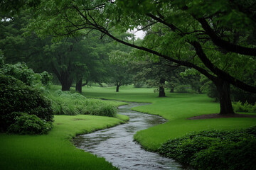 Naklejka premium A peaceful landscape with gently rolling grassy hills, a small creek meandering through the center, and tall trees swaying in the breeze of nature 