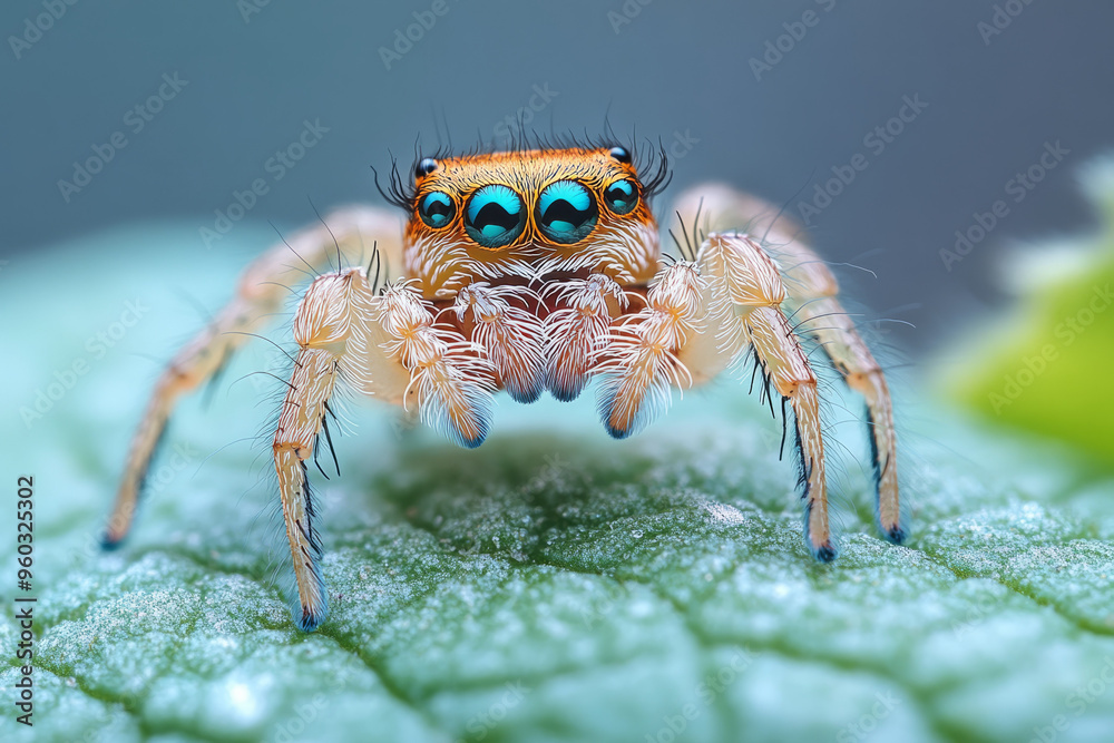 Poster A close-up of a tiny jumping spider on a leaf, its multiple eyes reflecting the light, isolated on a pastel blue background,