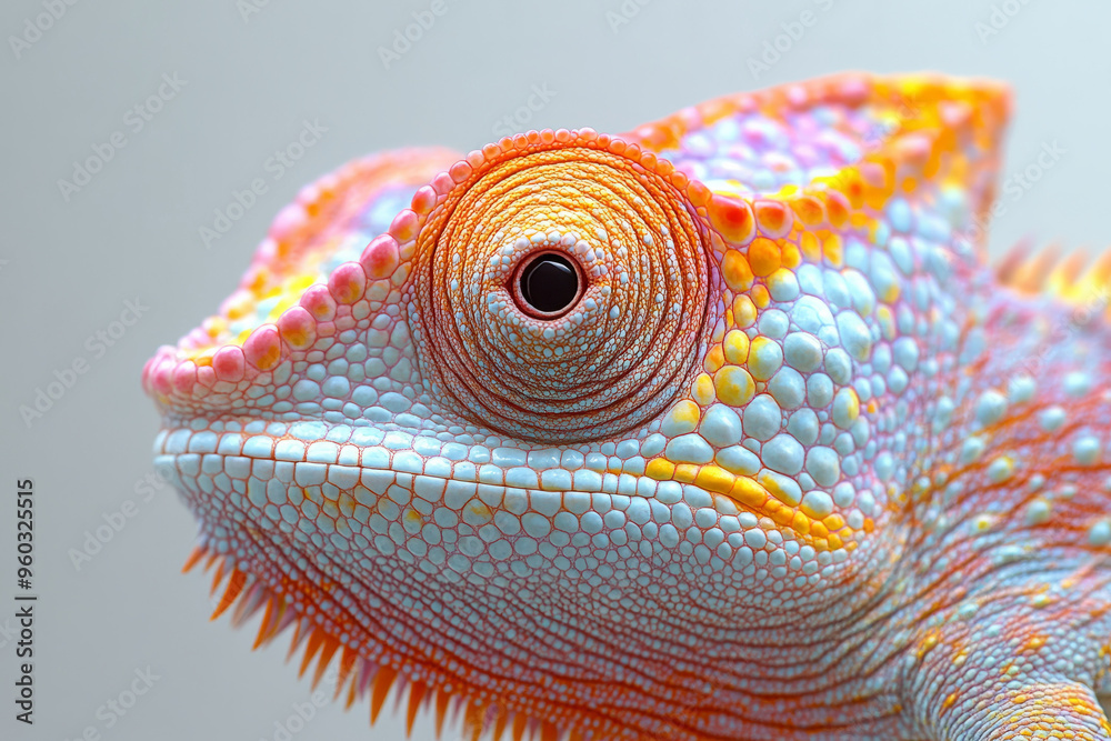 Poster a close-up of a chameleonâ€™s skin, showcasing the tiny, multicolored scales in a shifting pattern, 