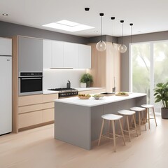 Fototapeta premium Design a modern, minimalist kitchen with clean lines and an open floor plan. The color scheme should feature neutral tones, such as white, light grey, and natural wood.