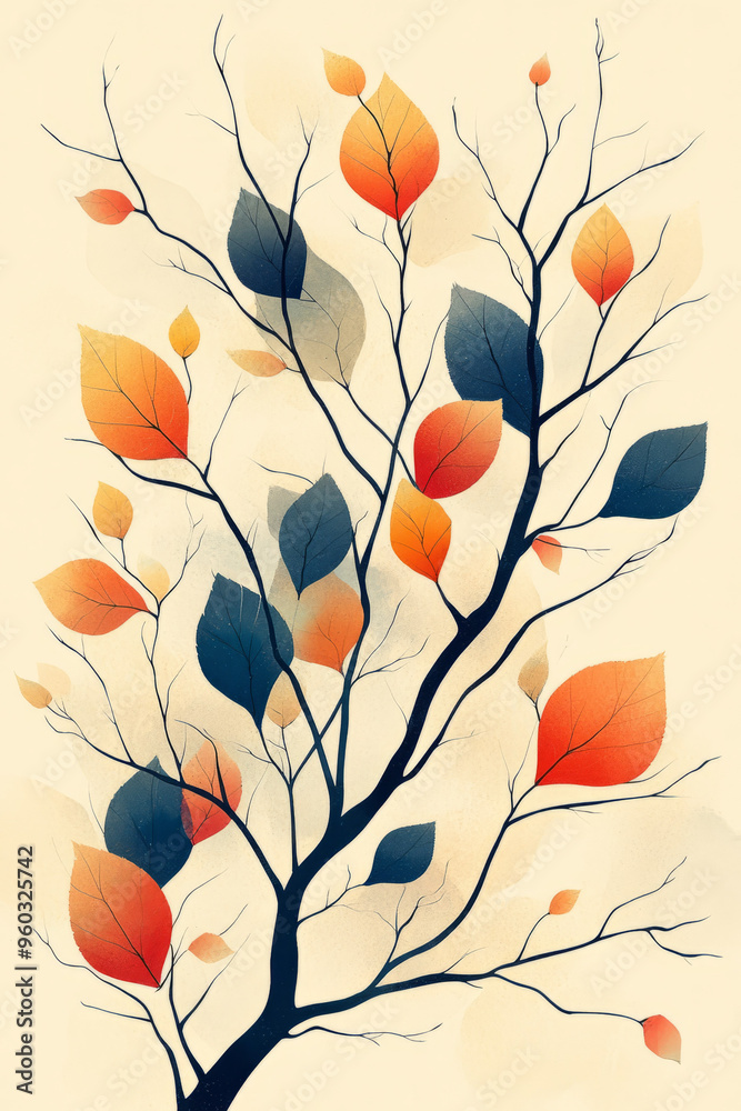 Poster Abstract tree branch patterns with angular lines and geometric leaves in pastel teal and brown, set against a pastel beige background,