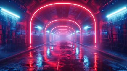 Fototapeta premium Bright neon night in a cyberpunk city. Photorealistic 3d illustration of the futuristic city. Empty street with blue neon lights
