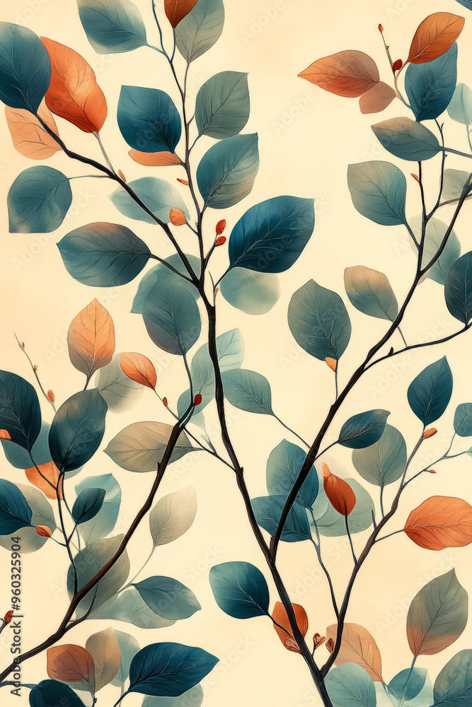 Poster Abstract tree branch patterns with angular lines and geometric leaves in pastel teal and brown, set against a pastel beige background,