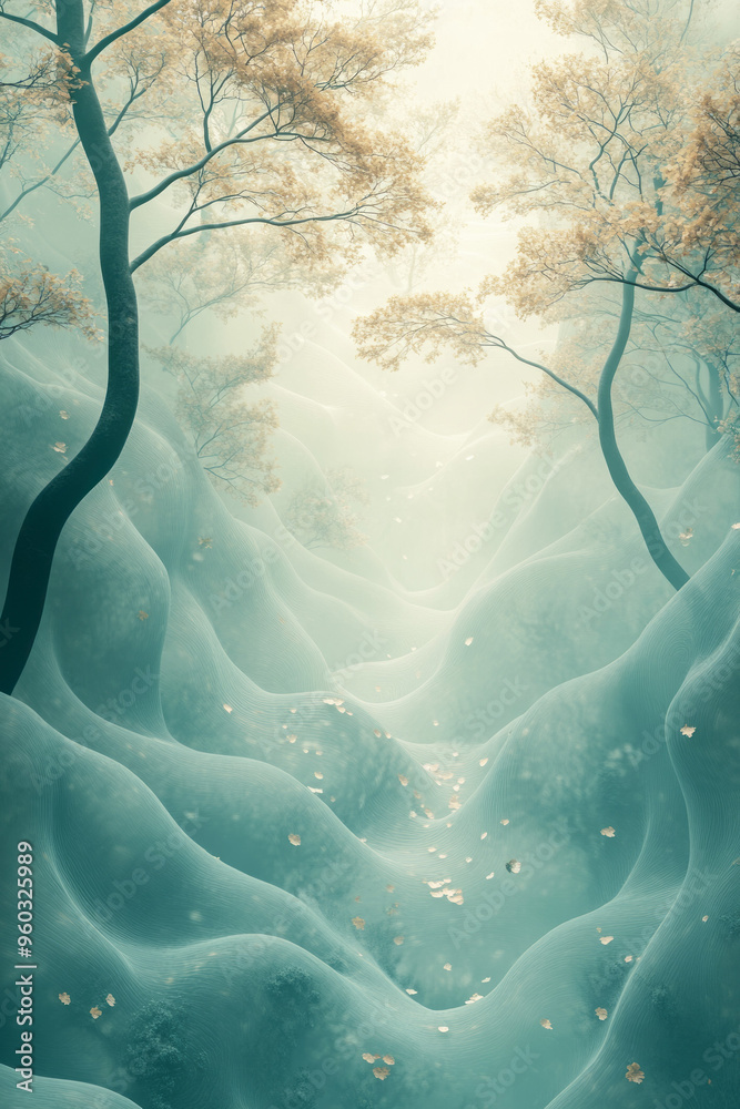 Aufkleber Abstract representations of forest canopies with rounded shapes and soft textures in shades of pastel green and beige, set against a pastel yellow background,