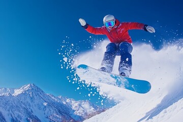 A snowboarder catches air while performing a jump against a clear blue sky in a stunning mountain landscape during winter