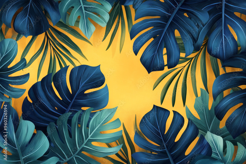 Poster geometric monstera leaves in overlapping patterns with dark green and pastel blue accents, creating 