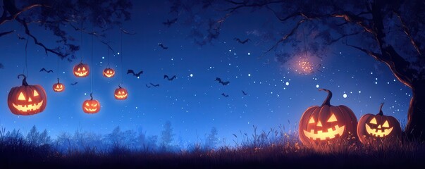 Naklejka premium Spooky jack-o'-lanterns glow in a dark forest under a starry sky.