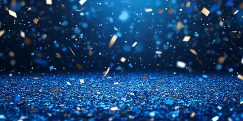 Blue confetti falling on a blue background with bokeh and copy space for design.