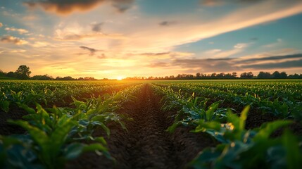 Sunset over a field of corn.