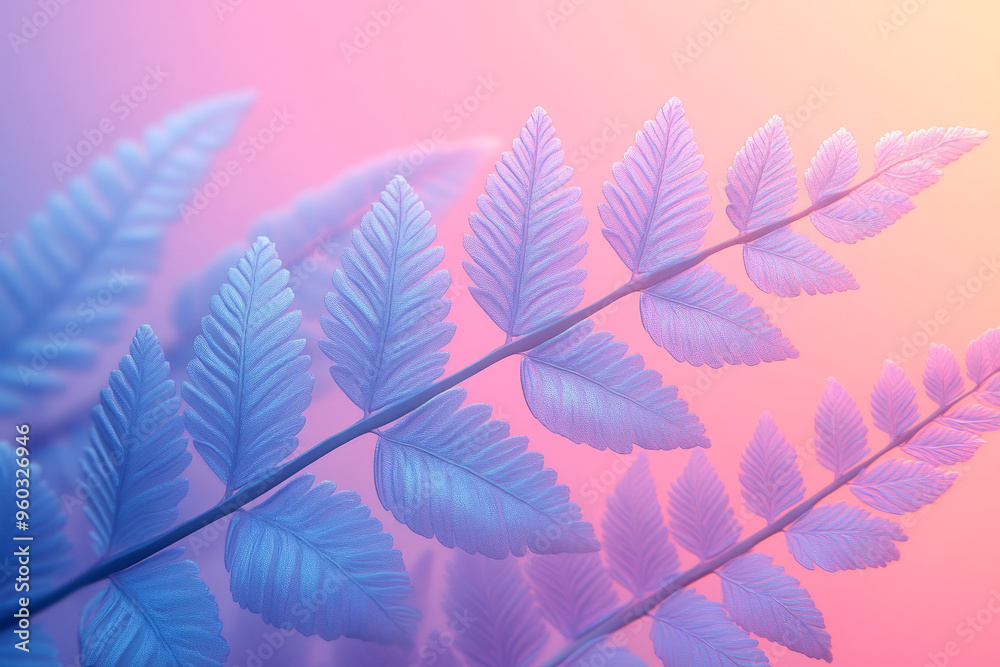 Poster a series of stylized fern shapes with intricate, sharp lines in shades of green and blue, isolated o