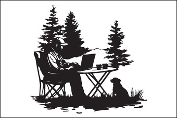 camping Silhouette of a Man Working on Laptop in Nature