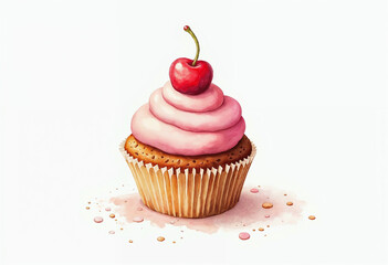 Watercolor illustration of a cupcake on white background