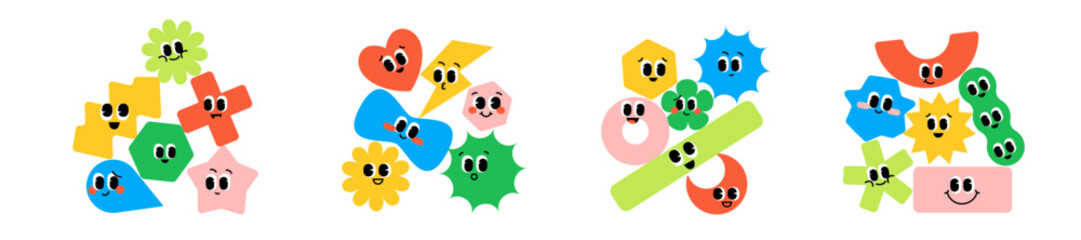 Geometric shapes characters set. Funny figures compositions with facial expressions that symbolize  teamwork and unity. Vector cartoon graphics