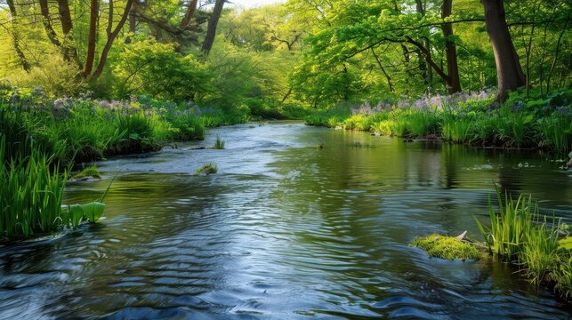tranquil spring river with blooming banks and lush greenery high resolution landscape