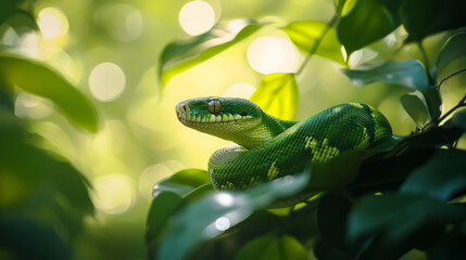 Green Snake Coiled in Lush Foliage