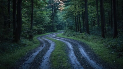 Fototapeta premium A winding road through a dense forest. This image is perfect for projects about nature, travel, or adventure.