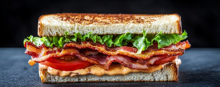 A classic BLT sandwich with crispy bacon, fresh lettuce, and ripe tomatoes, served on toasted bread