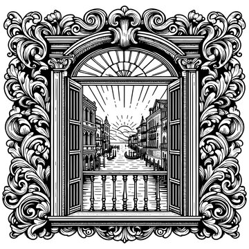 recommend clip art: ornate window frame with a canal view, gondolas and classic architecture, romantic, vintage style sketch engraving generative ai PNG illustration. Scratch board imitation. Black and white image.